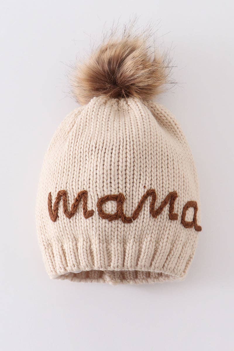 Hand embroidered pom pom beanie hat mama and mini set