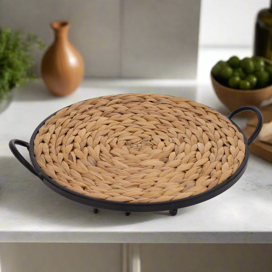 Round Grass & Metal Tray w/ Handles