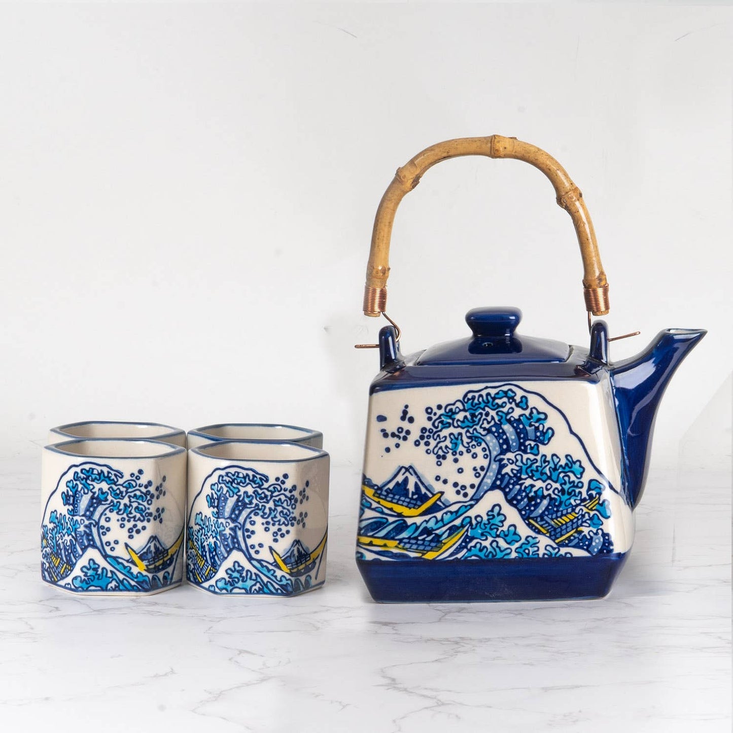 Great Wave Tea Set 20oz Tea Pot with 4 Hexagon Cups