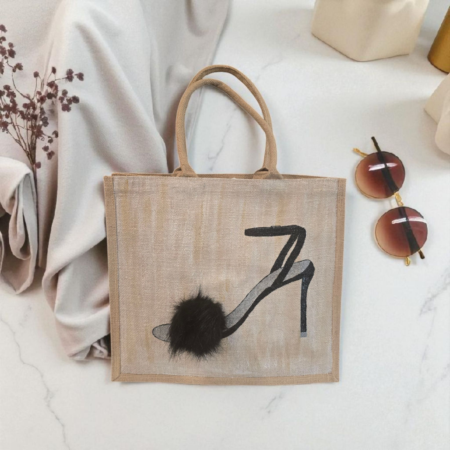 Black Pom Stiletto Jute Tote