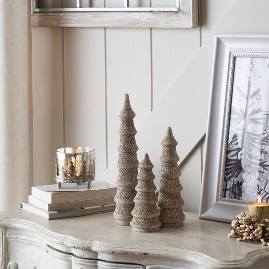 Christmas Cottage Feathered Finish Wood Trees Set of 3
