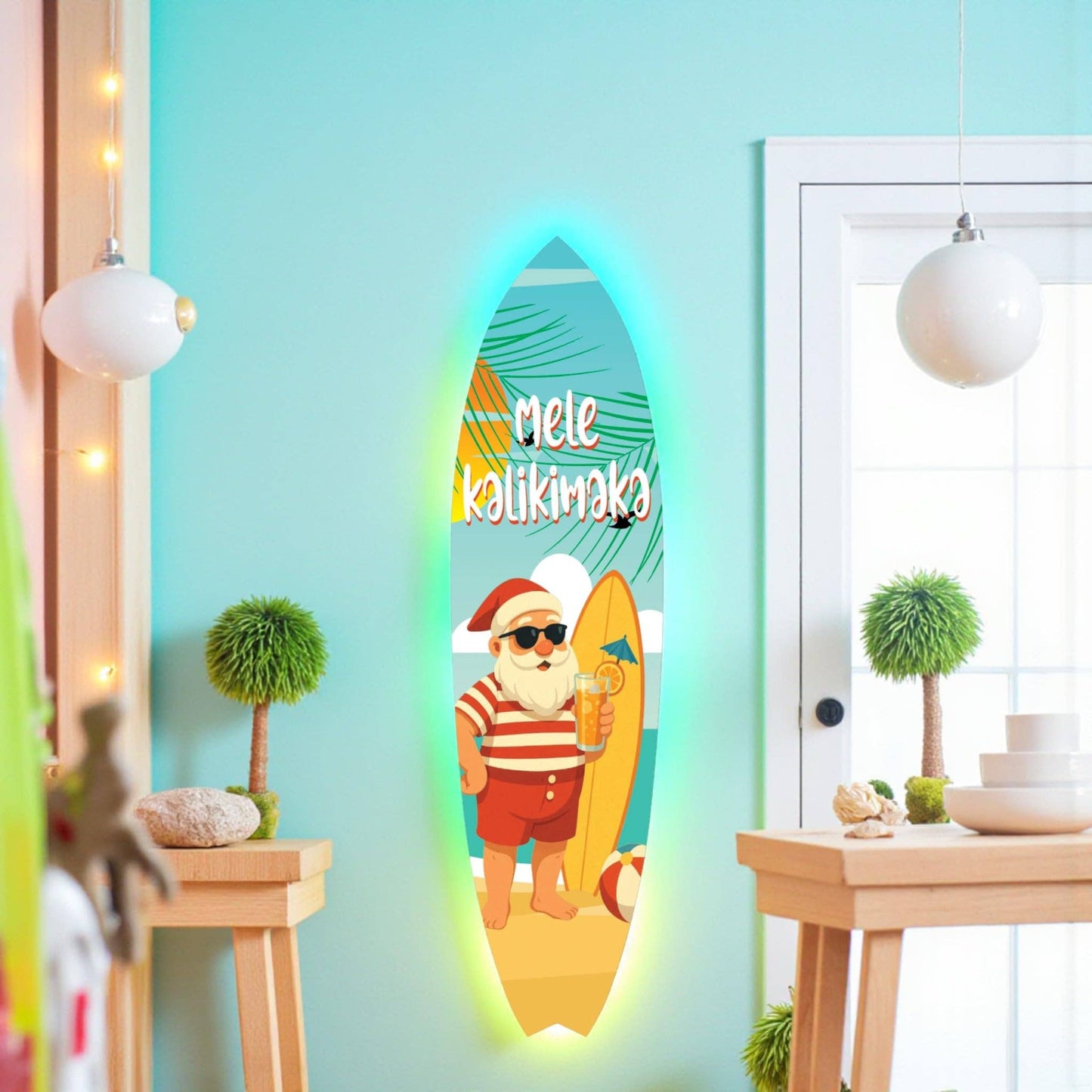 Mele Kalikimaka Christmas Santa Surfboard Wall Art