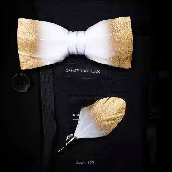 Feather Bow Tie and Lapel Pin Set, Choice of Colors