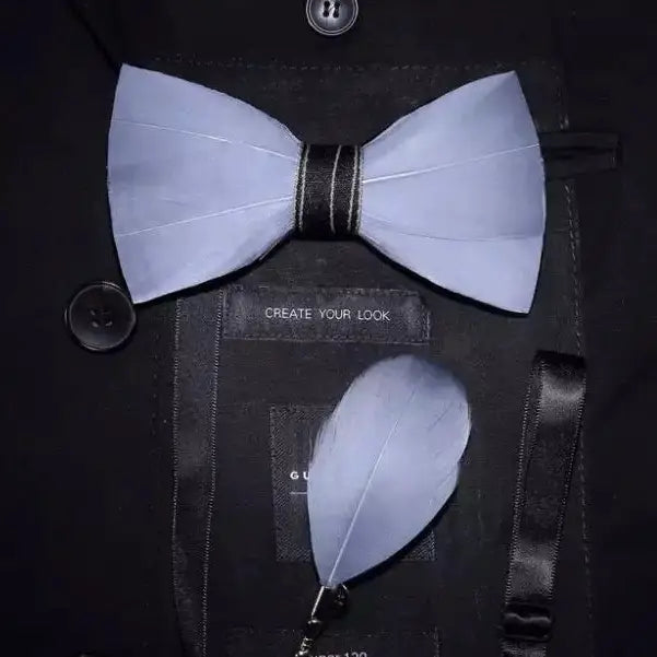 Feather Bow Tie and Lapel Pin Set, Choice of Colors