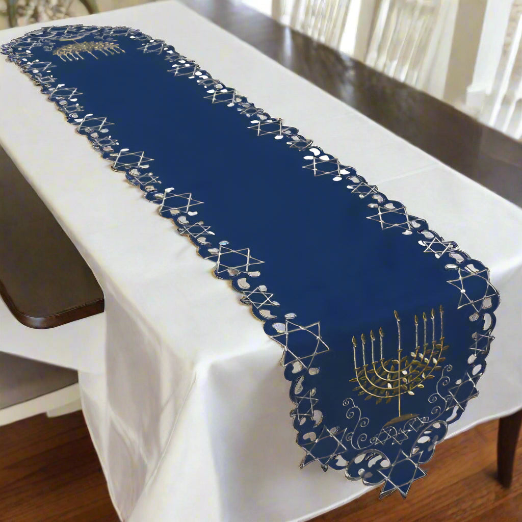Blue Hanukkah Gold Menorah Embroidered Table Runner