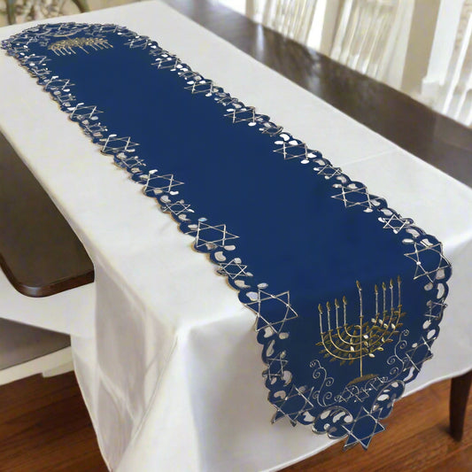 Blue Hanukkah Gold Menorah Embroidered Table Runner