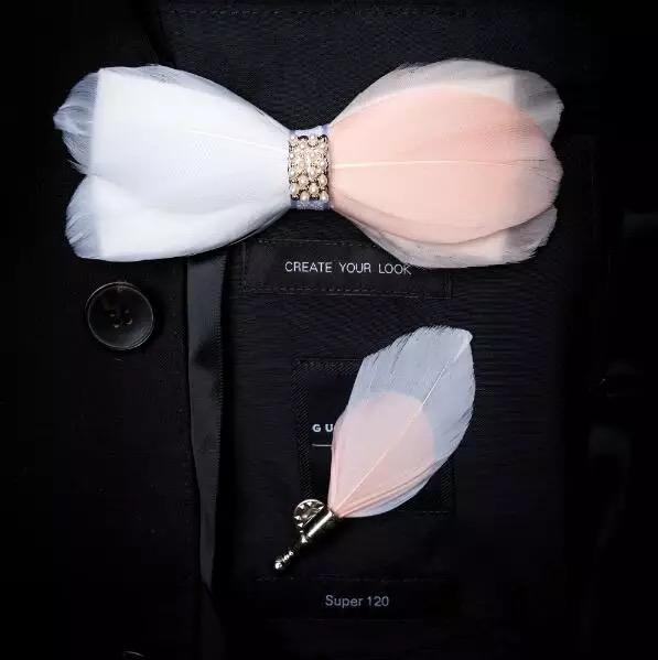 Feather Bow Tie and Lapel Pin Set, Choice of Colors