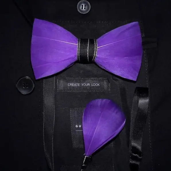Feather Bow Tie and Lapel Pin Set, Choice of Colors