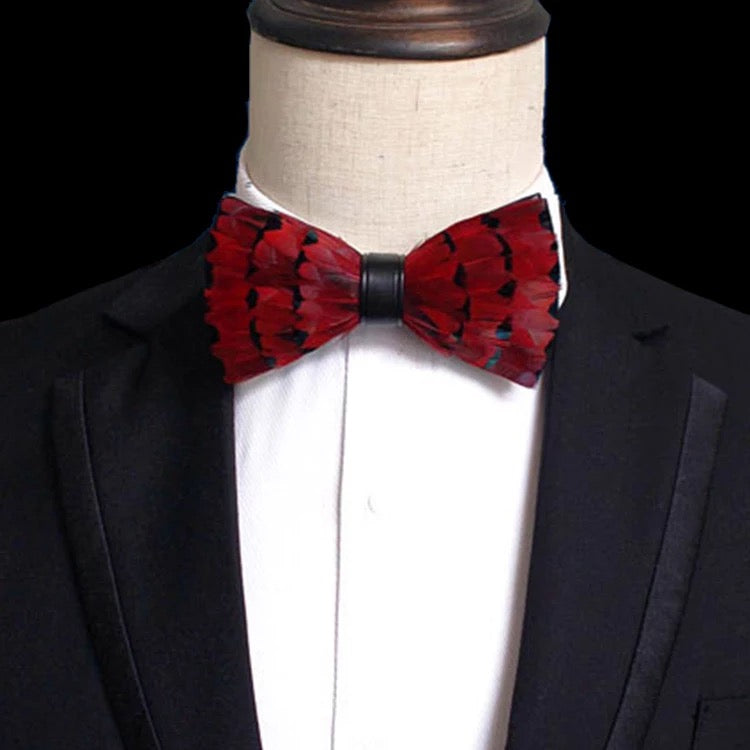 Feather Bow Tie and Lapel Pin Set, Choice of Colors