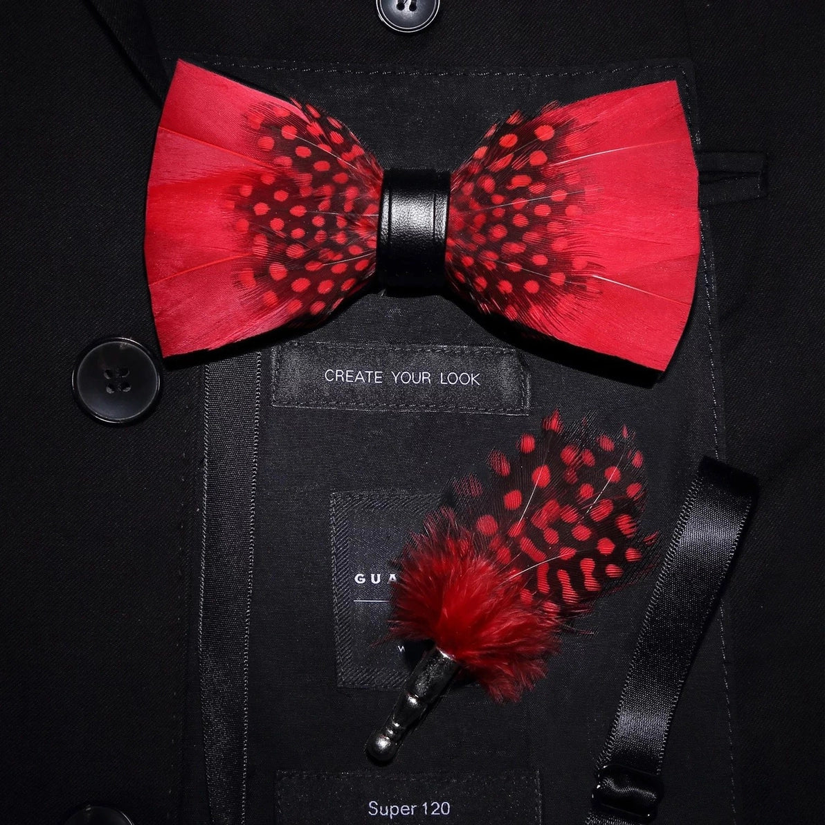 Feather Bow Tie and Lapel Pin Set, Choice of Colors
