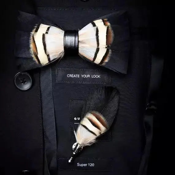 Feather Bow Tie and Lapel Pin Set, Choice of Colors